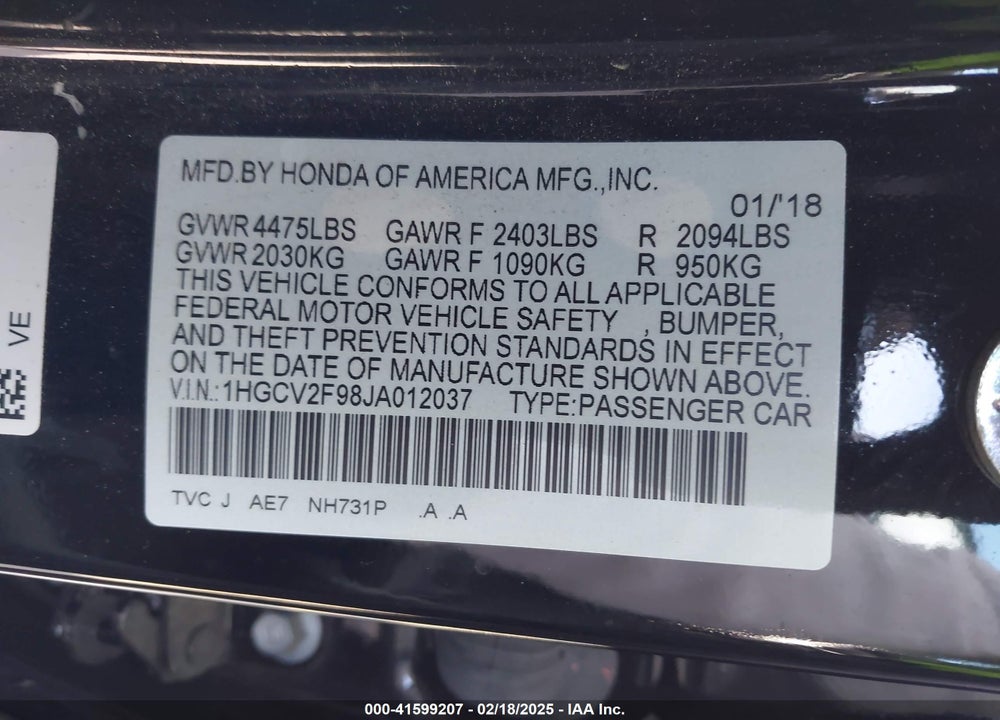 2018 HONDA ACCORD TOURING 2.0T VIN: 1HGCV2F98JA012037