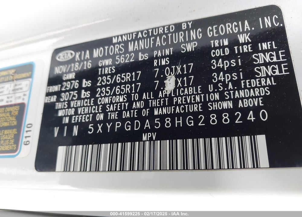 2017 KIA SORENTO VIN: 5XYPGDA58HG288240