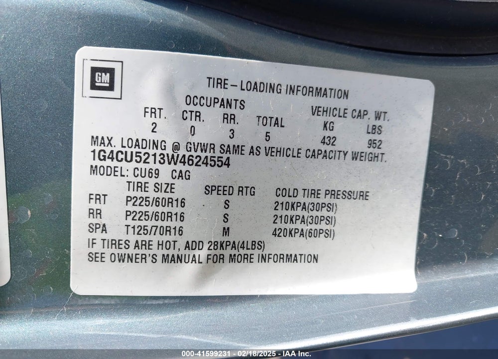 1998 BUICK PARK AVENUE ULTRA VIN: 1G4CU5213W4624554