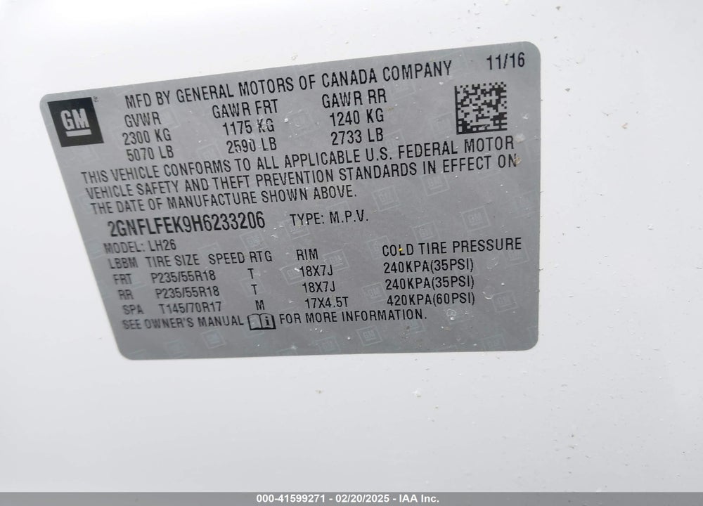2017 CHEVROLET EQUINOX LT VIN: 2GNFLFEK9H6233206