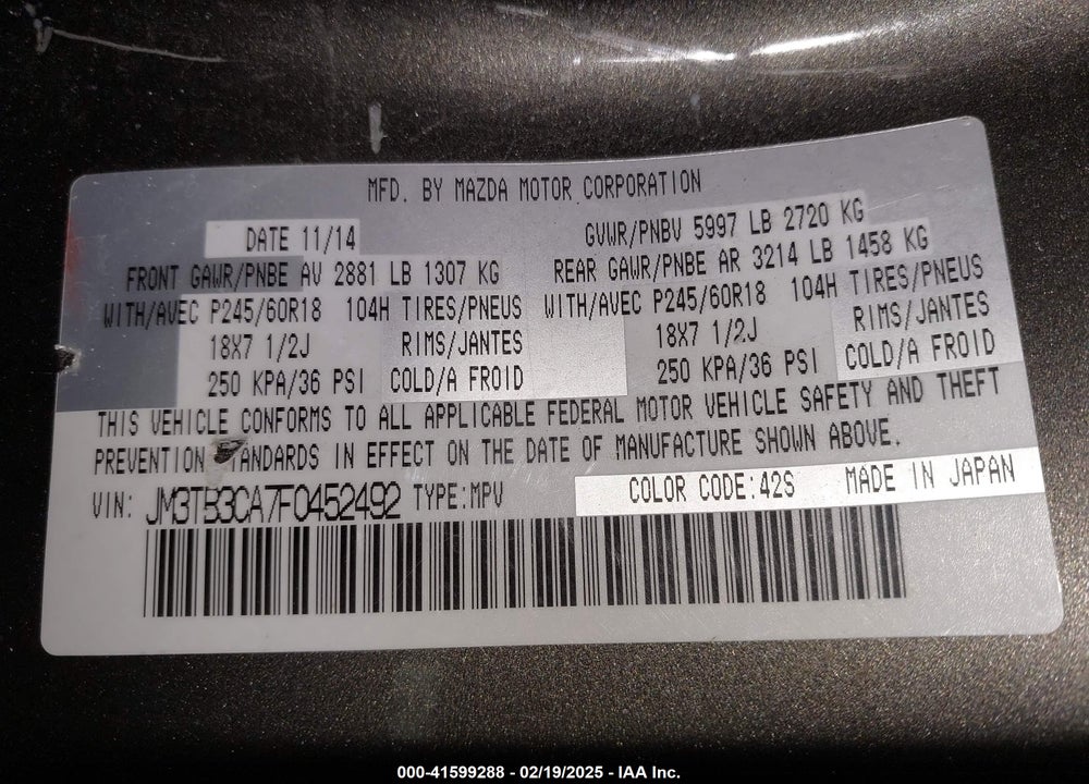 2015 MAZDA CX-9 TOURING VIN: JM3TB3CA7F0452492