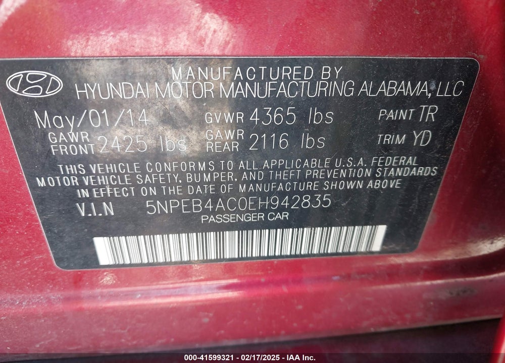 2014 HYUNDAI SONATA VIN: 5NPEB4AC0EH942835