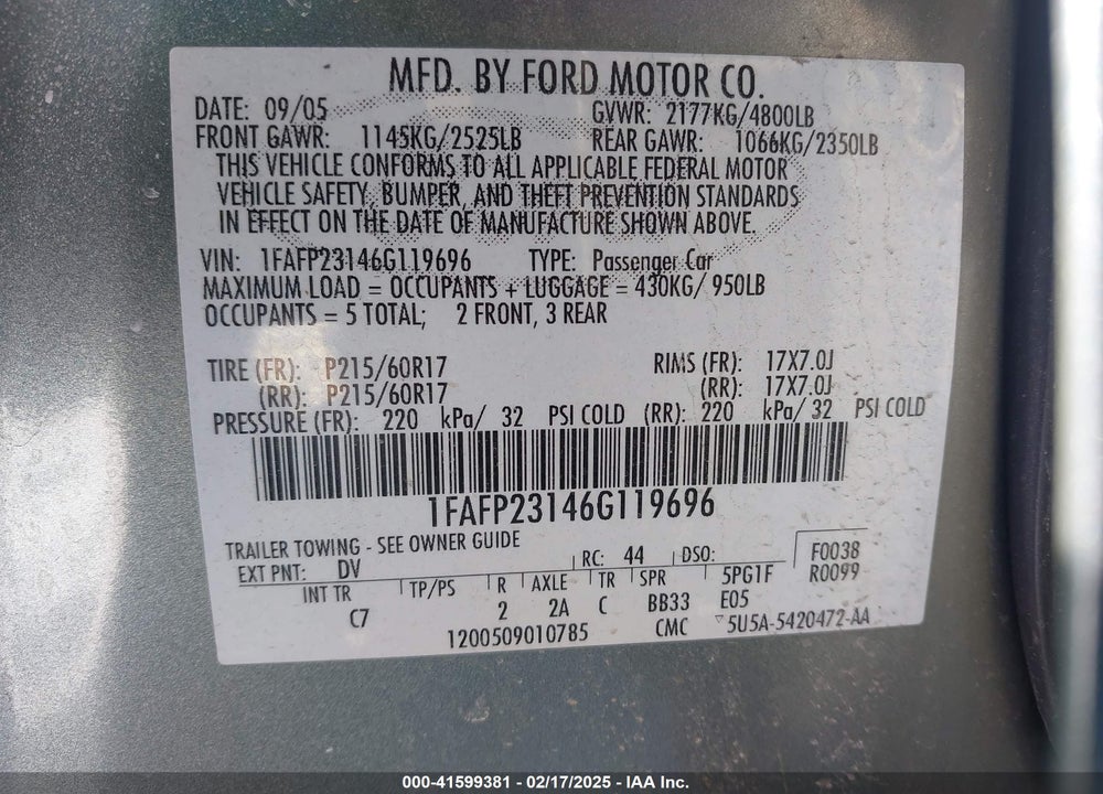 2006 FORD FIVE HUNDRED VIN: 1FAFP23146G119696