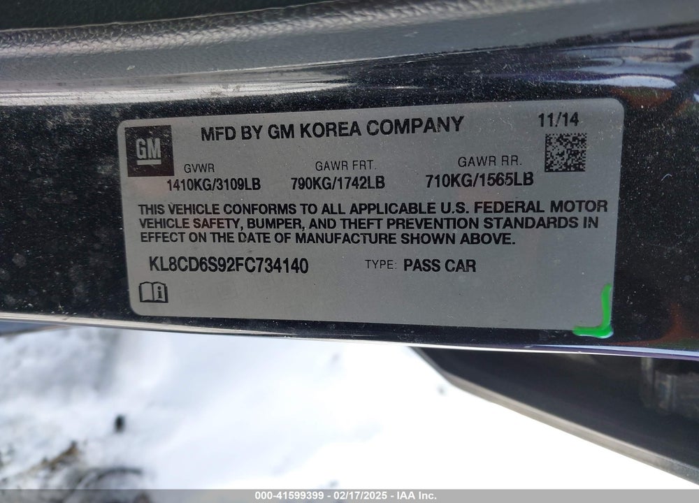 2015 CHEVROLET SPARK VIN: KL8CD6S92FC734140