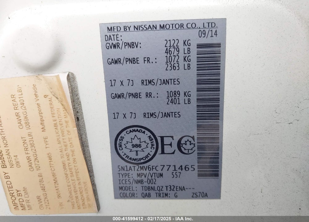 2015 NISSAN ROGUE S/SL/SV VIN: 5N1AT2MV6FC771465