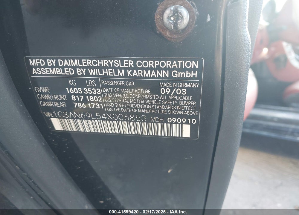 2004 CHRYSLER CROSSFIRE VIN: 1C3AN69L54X006853