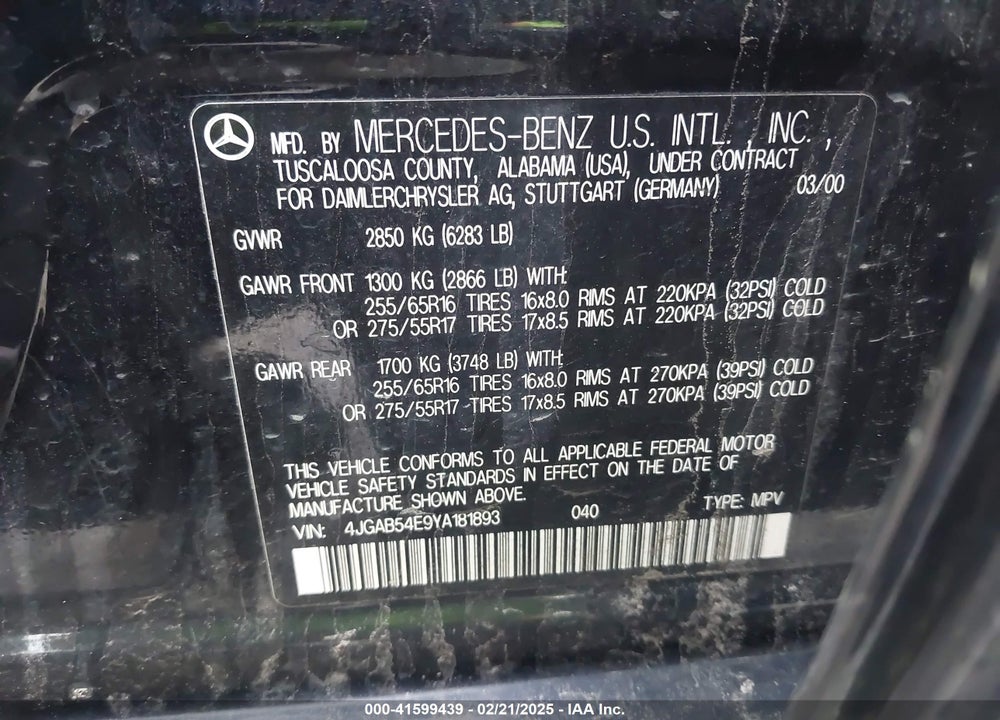 2000 MERCEDES-BENZ ML 320 VIN: 4JGAB54E9YA181893