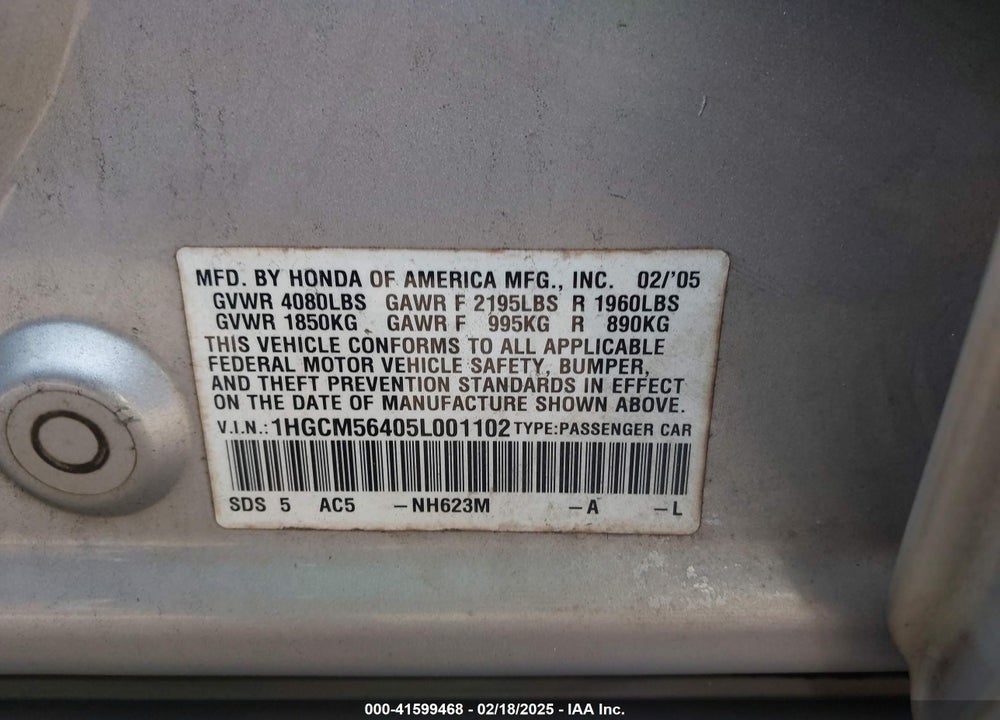 2005 HONDA ACCORD 2.4 LX VIN: 1HGCM56405L001102