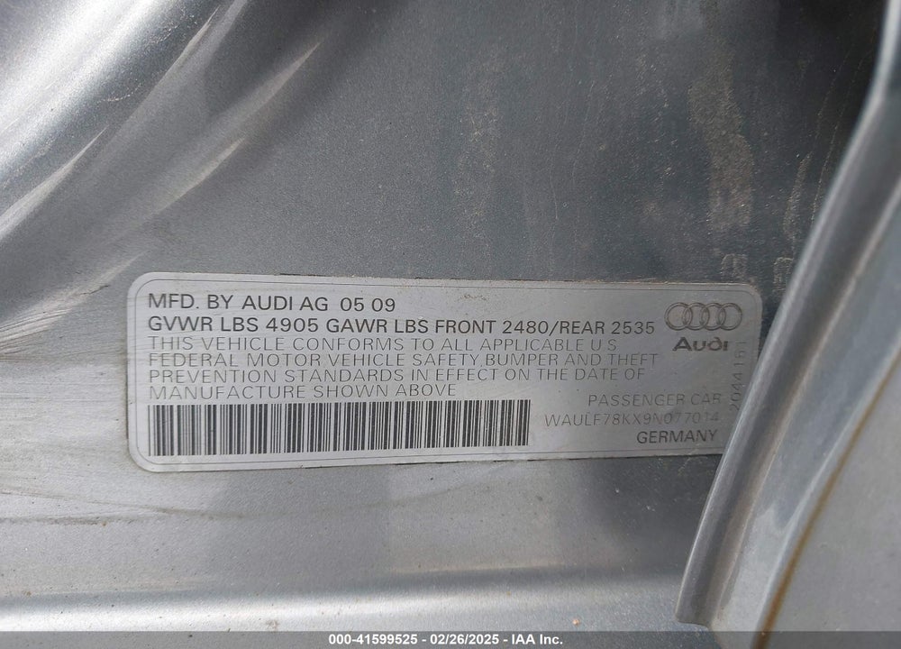 2009 AUDI A4 2.0T PREMIUM VIN: WAULF78KX9N077014