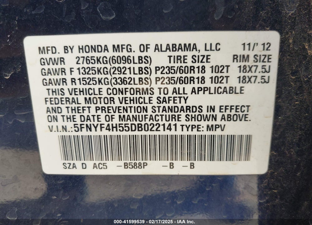 2013 HONDA PILOT EX-L VIN: 5FNYF4H55DB022141
