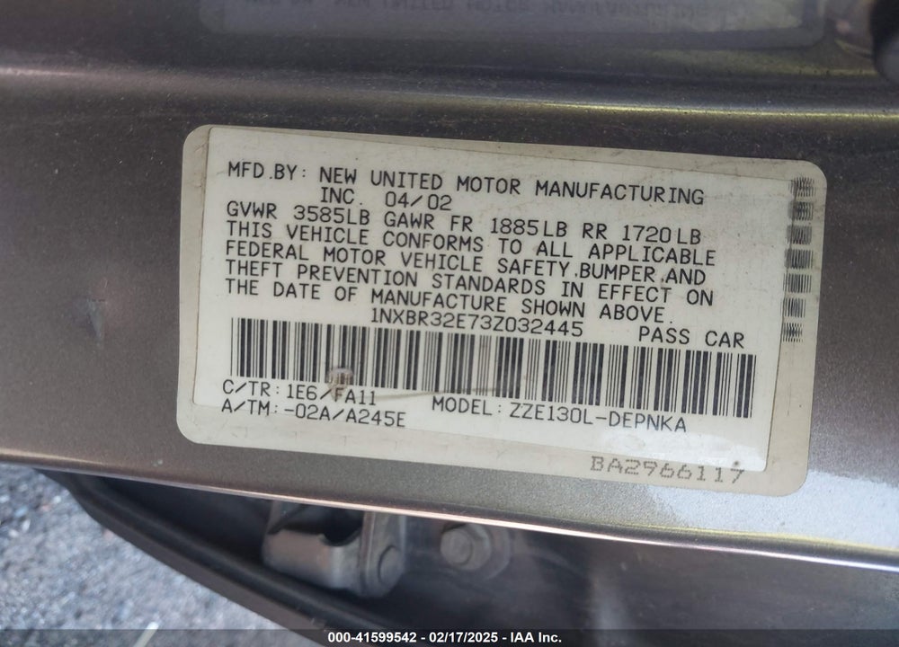 2003 TOYOTA COROLLA LE VIN: 1NXBR32E73Z032445