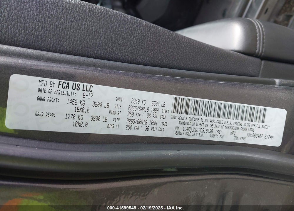 2017 DODGE DURANGO VIN: 1C4RDJAG1HC918038