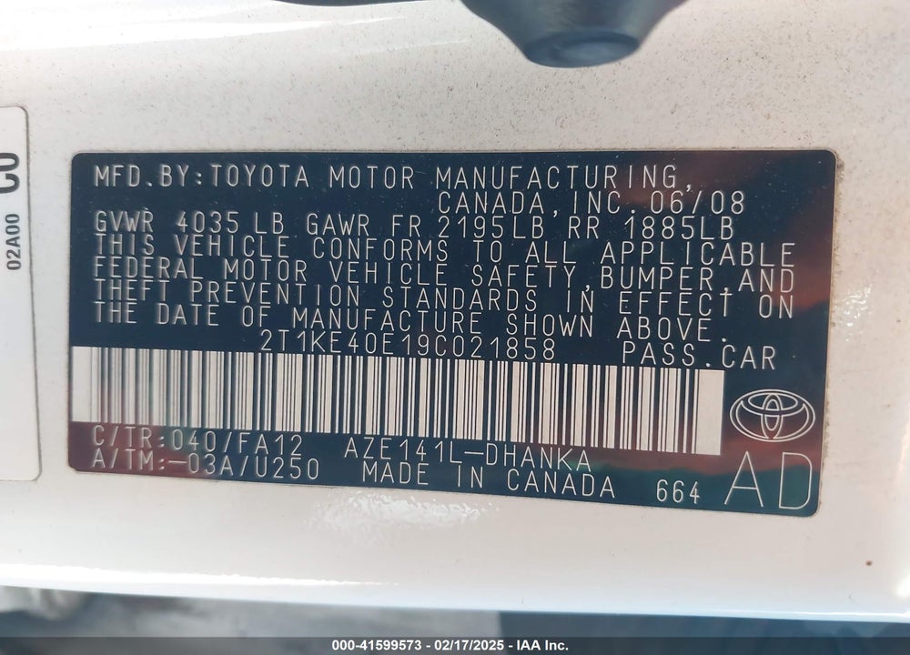 2009 TOYOTA COROLLA MATRIX VIN: 2T1KE40E19C021858