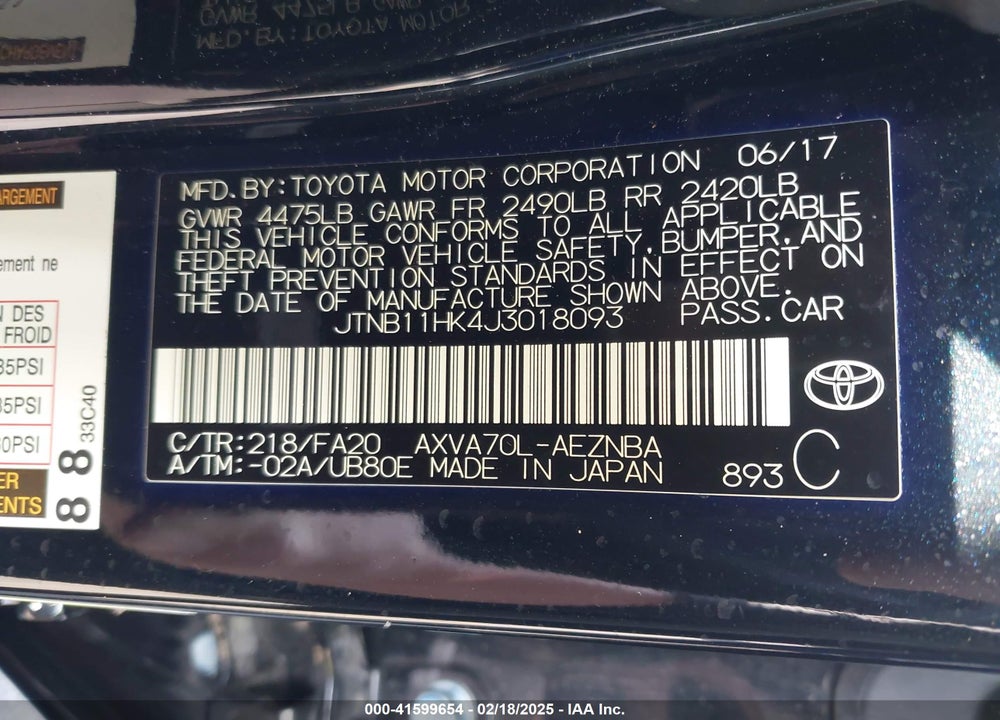 2018 TOYOTA CAMRY VIN: JTNB11HK4J3018093