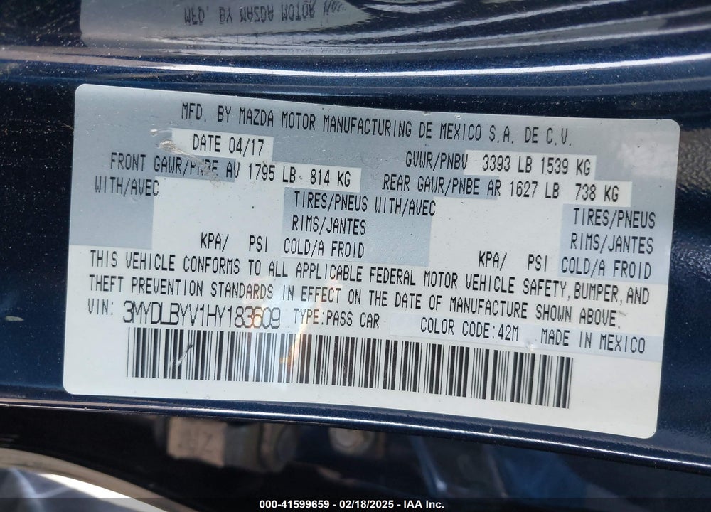 2017 TOYOTA YARIS IA VIN: 3MYDLBYV1HY183609
