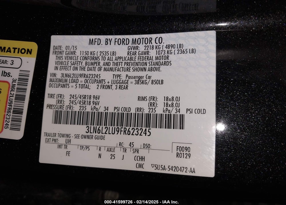 2015 LINCOLN MKZ HYBRID VIN: 3LN6L2LU9FR623245