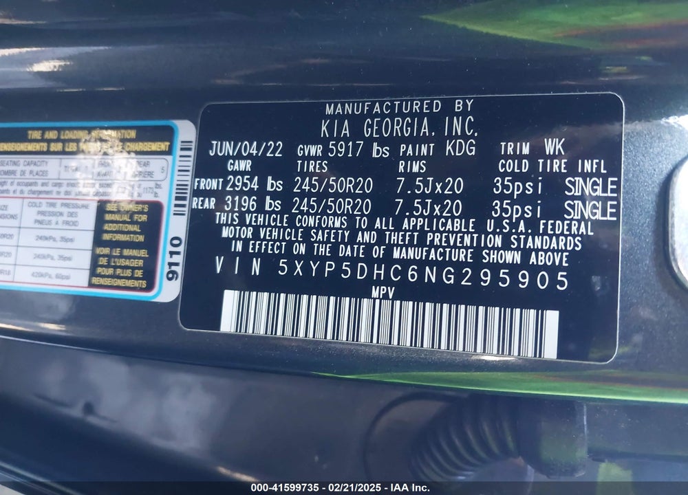 2022 KIA TELLURIDE SX VIN: 5XYP5DHC6NG295905