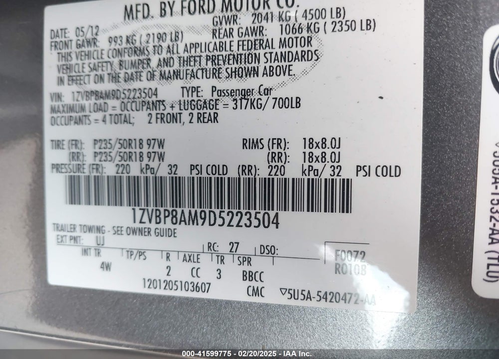2013 FORD MUSTANG VIN: 1ZVBP8AM9D5223504
