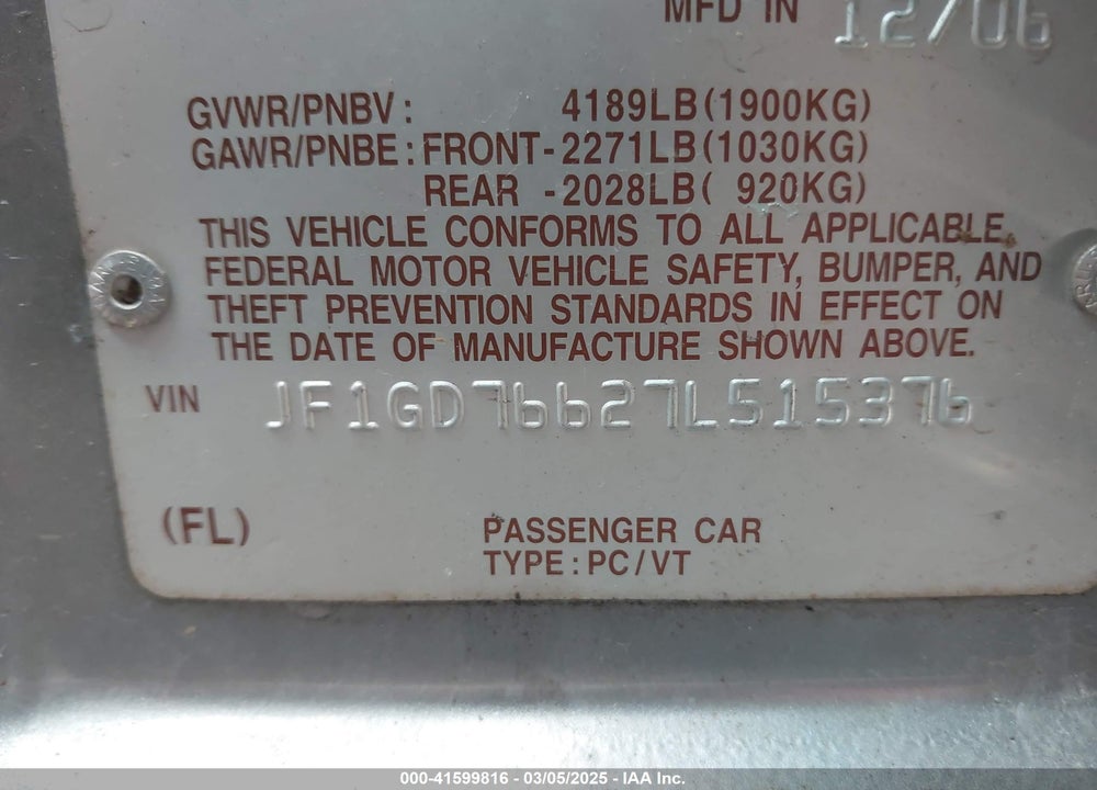 2007 SUBARU IMPREZA WRX STI VIN: JF1GD76627L515376