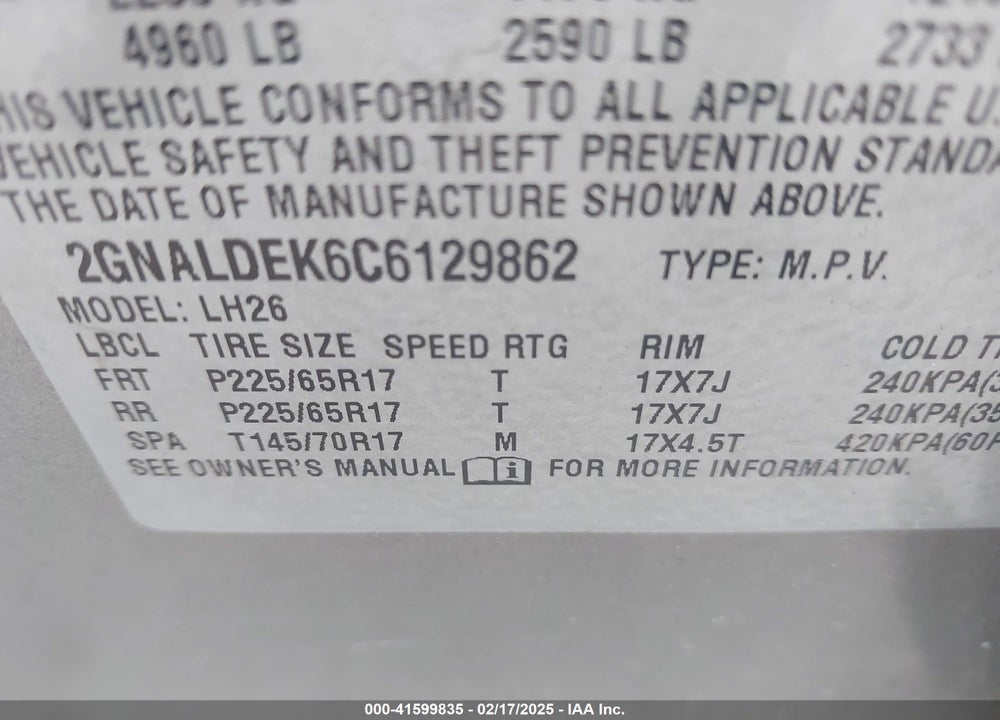 2012 CHEVROLET EQUINOX 1LT VIN: 2GNALDEK6C6129862