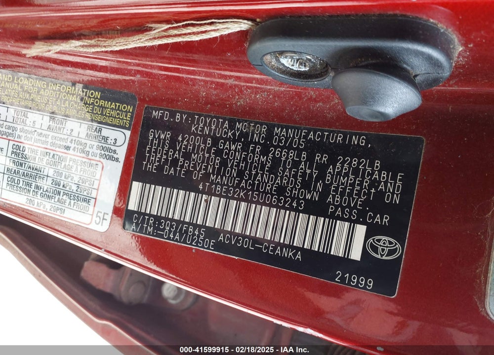 2005 TOYOTA CAMRY VIN: 4T1BE32K15U063243