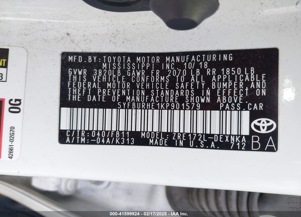 2019 TOYOTA COROLLA VIN: 5YFBURHE1KP901579