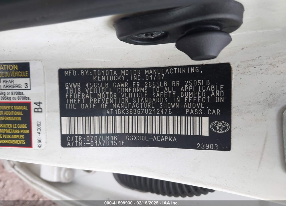 2007 TOYOTA AVALON LIMITED VIN: 4T1BK36B67U212476