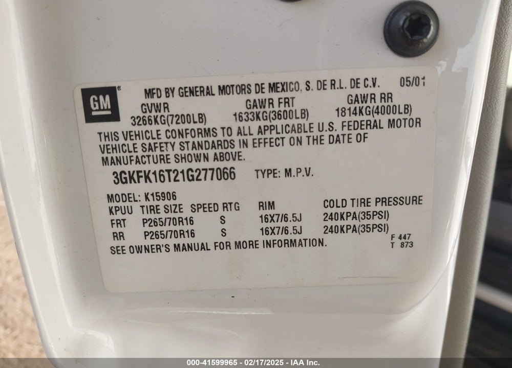 2001 GMC YUKON XL 1500 SLT VIN: 3GKFK16T21G277066