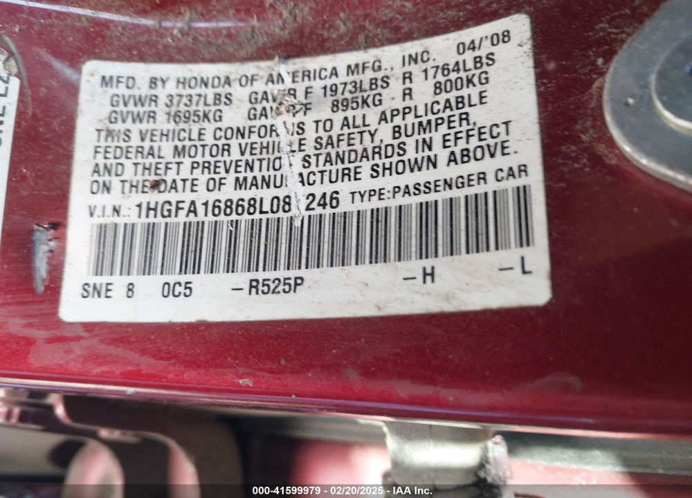 2008 HONDA CIVIC EX VIN: 1HGFA16868L087246