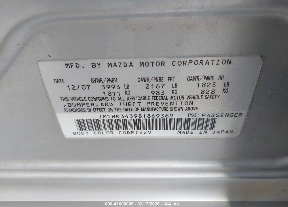 2008 MAZDA 3 VIN: JM1BK343981869369