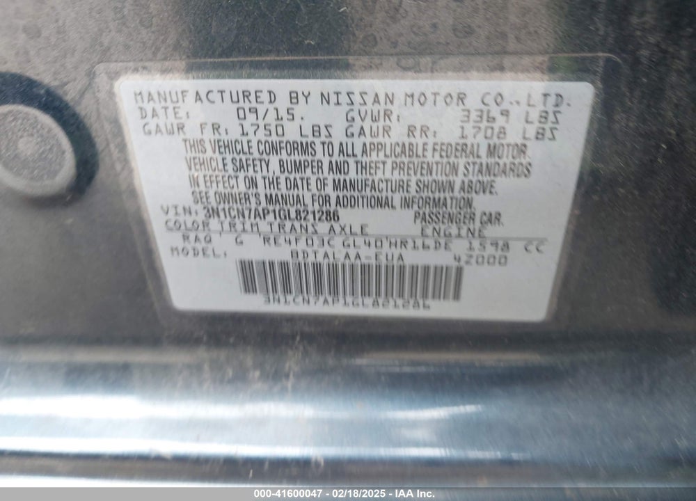 2016 NISSAN VERSA VIN: 3N1CN7AP1GL821286