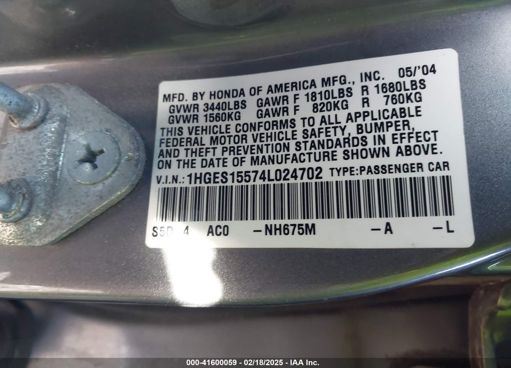 2004 HONDA CIVIC LX VIN: 1HGES15574L024702