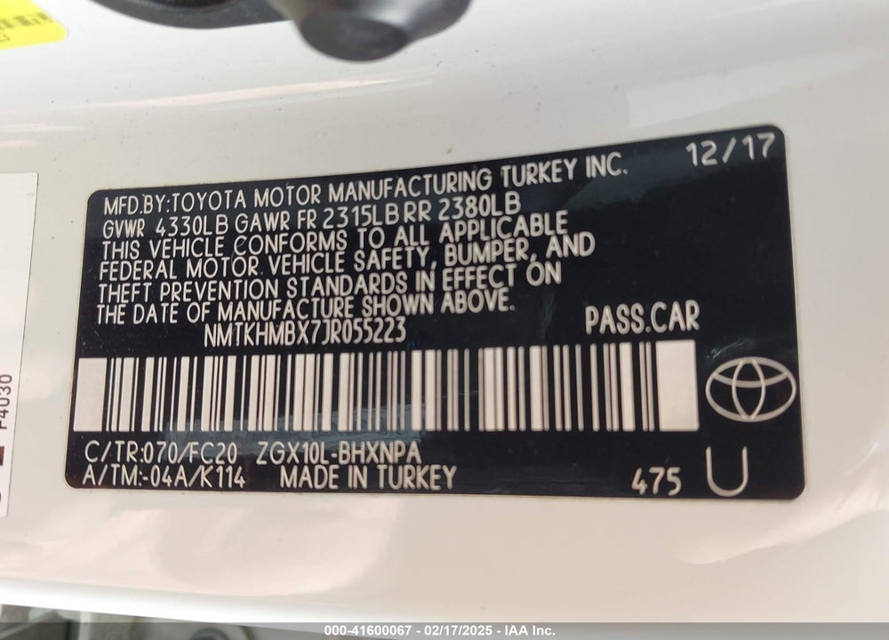 2018 TOYOTA C-HR XLE PREMIUM VIN: NMTKHMBX7JR055223