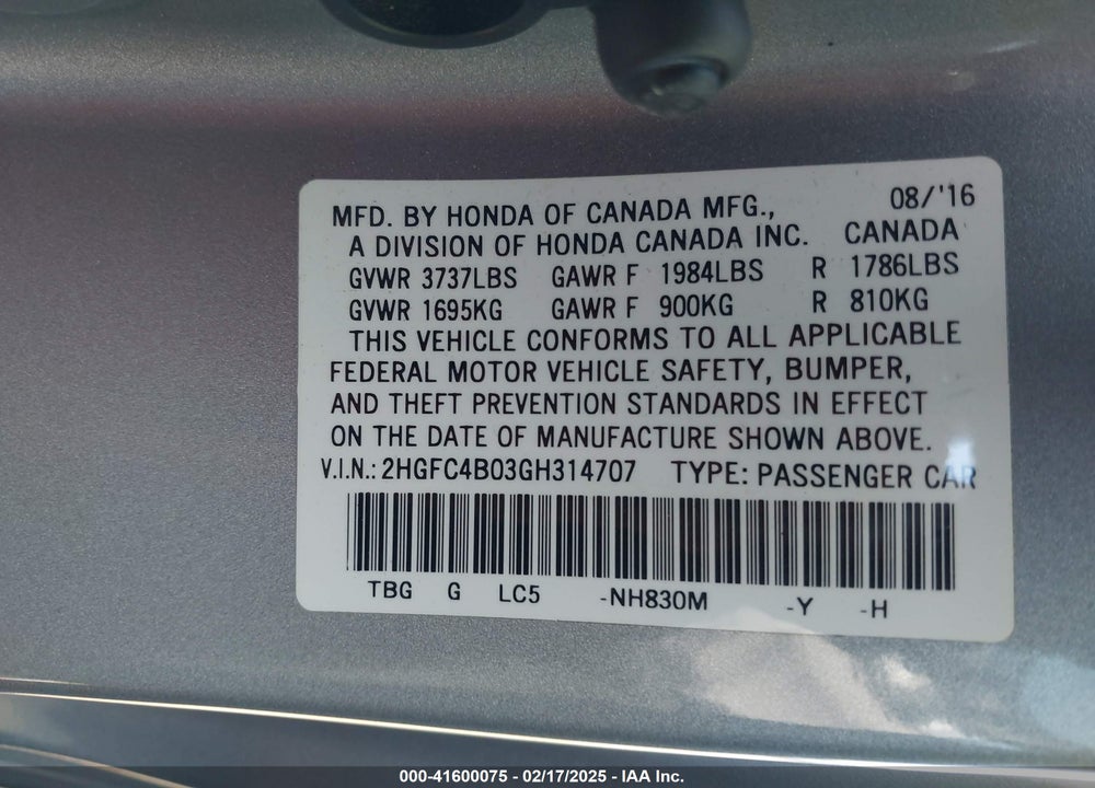 2016 HONDA CIVIC VIN: 2HGFC4B03GH314707