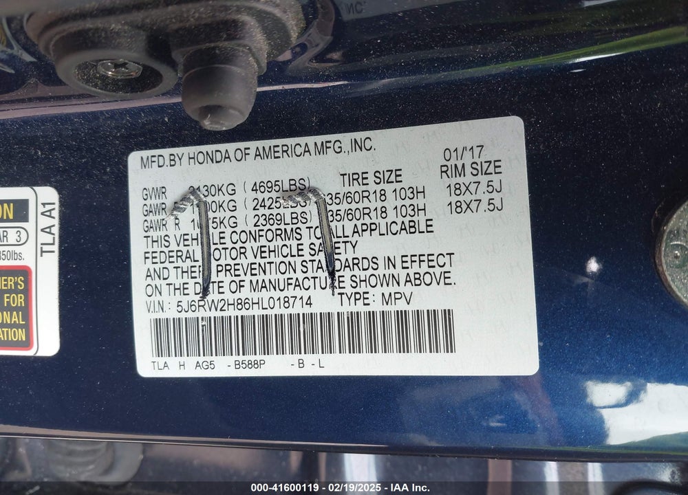 2017 HONDA CR-V EXL VIN: 5J6RW2H86HL018714