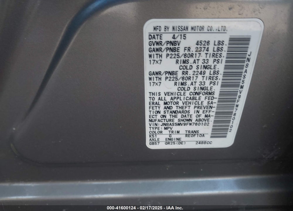 2015 NISSAN ROGUE SELECT S VIN: JN8AS5MV9FW760102