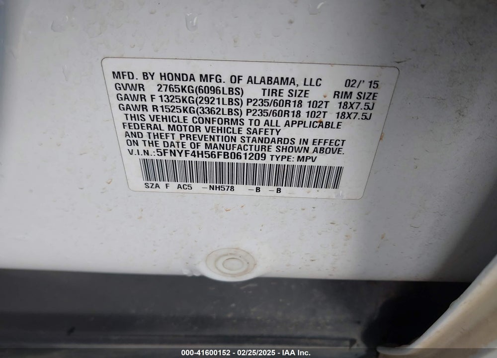 2015 HONDA PILOT VIN: 5FNYF4H56FB061209