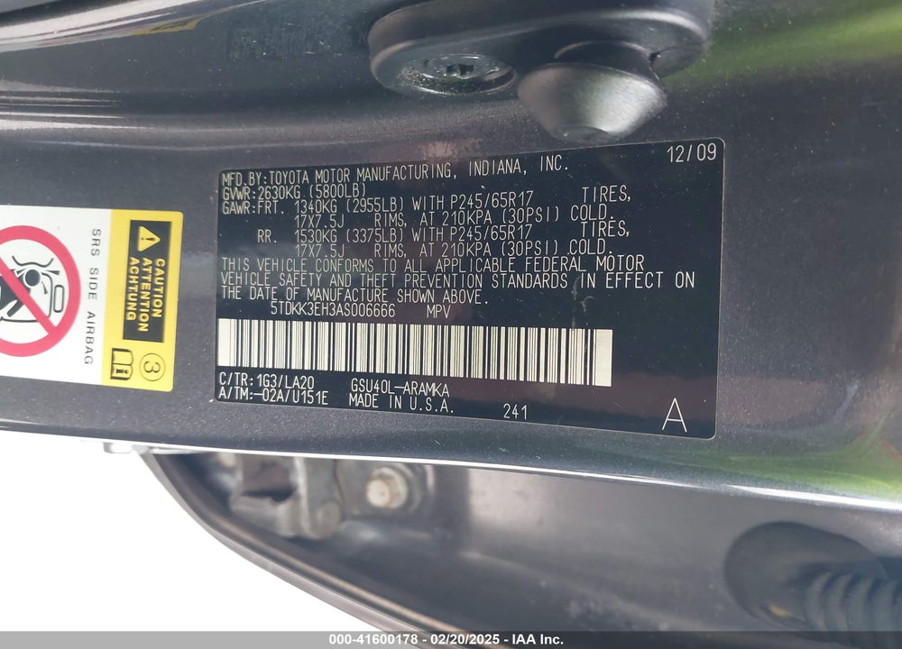 2010 TOYOTA HIGHLANDER VIN: 5TDKK3EH3AS006666