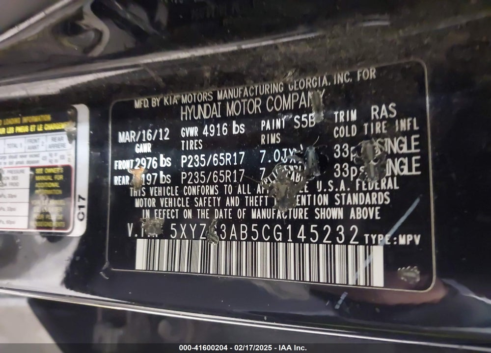 2012 HYUNDAI SANTA FE GLS VIN: 5XYZG3AB5CG145232