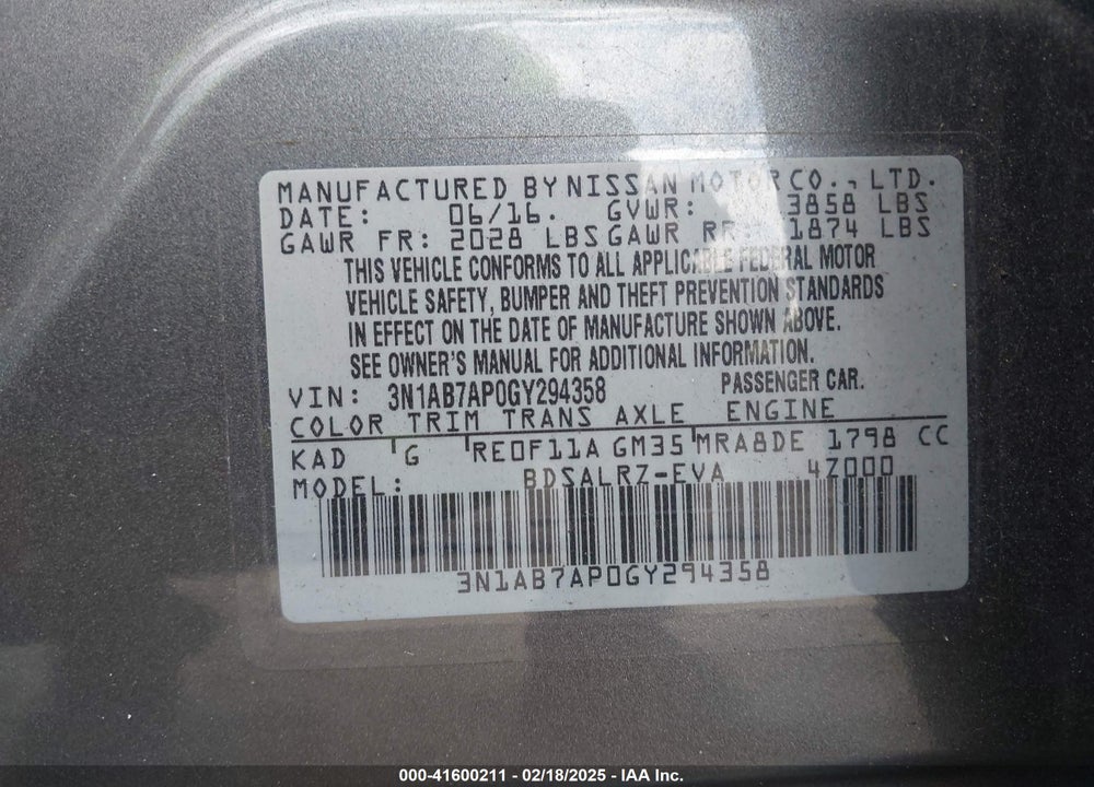 2016 NISSAN SENTRA VIN: 3N1AB7AP0GY294358