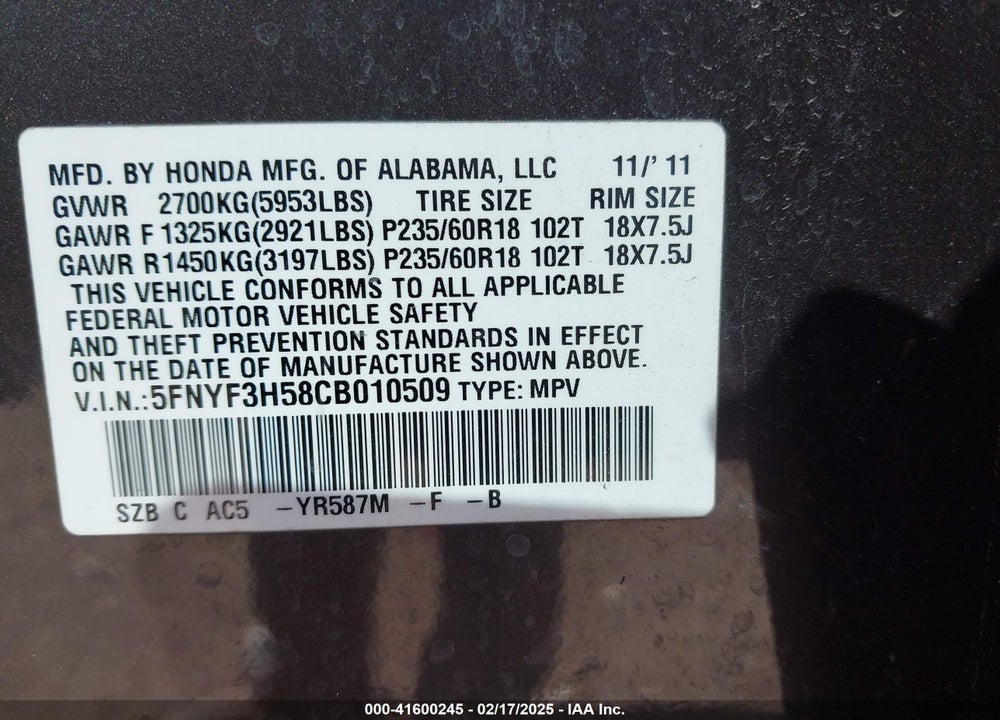 2012 HONDA PILOT EX-L VIN: 5FNYF3H58CB010509