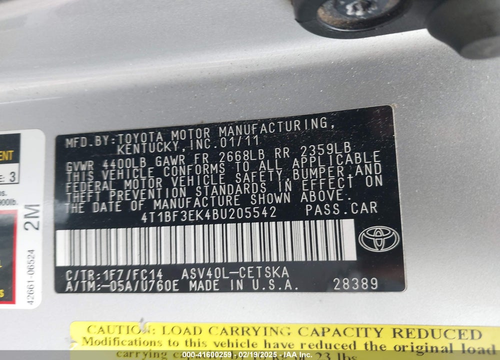 2011 TOYOTA CAMRY SE VIN: 4T1BF3EK4BU205542