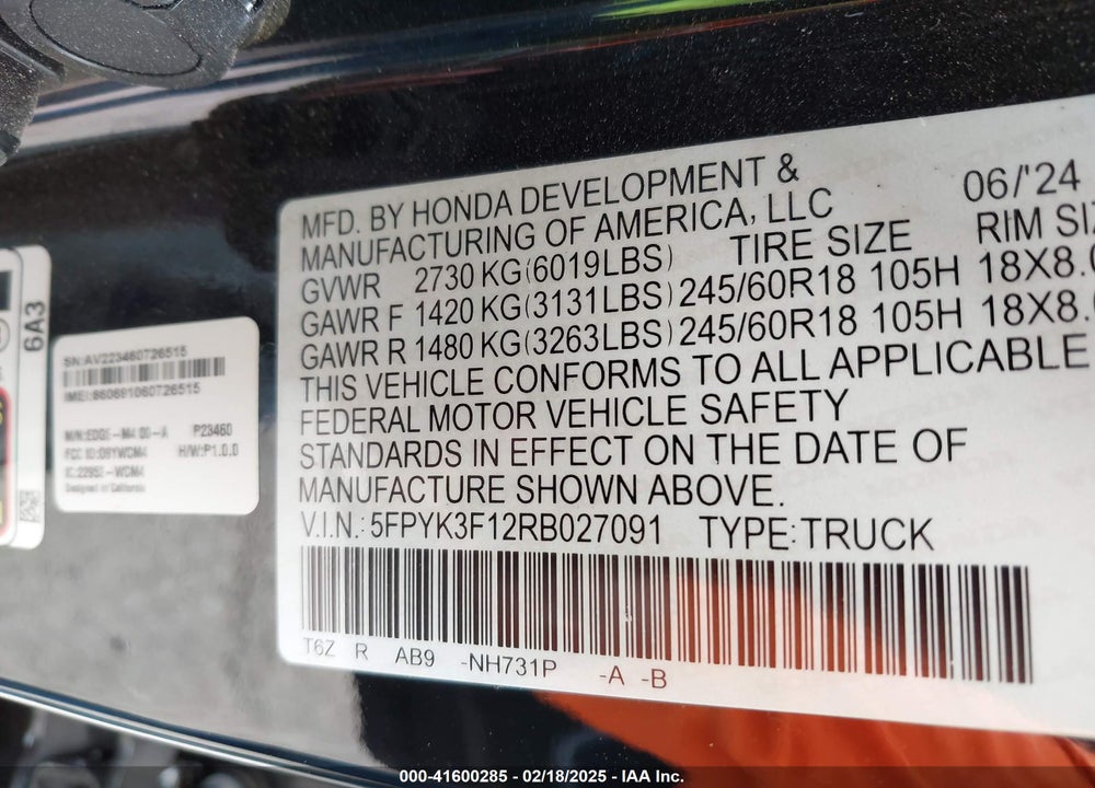 2024 HONDA RIDGELINE SPORT VIN: 5FPYK3F12RB027091