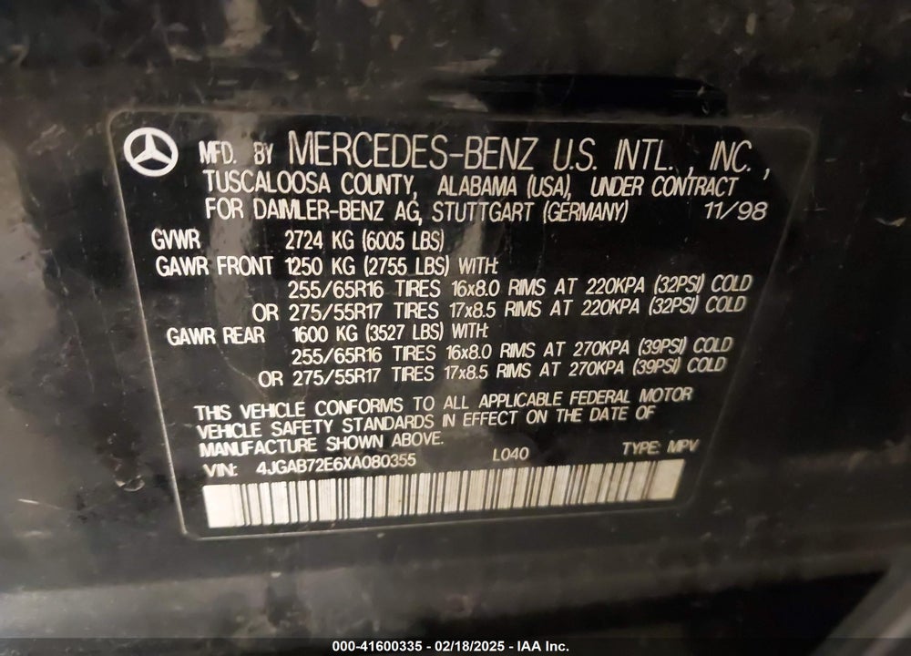1999 MERCEDES-BENZ ML 430 VIN: 4JGAB72E6XA080355