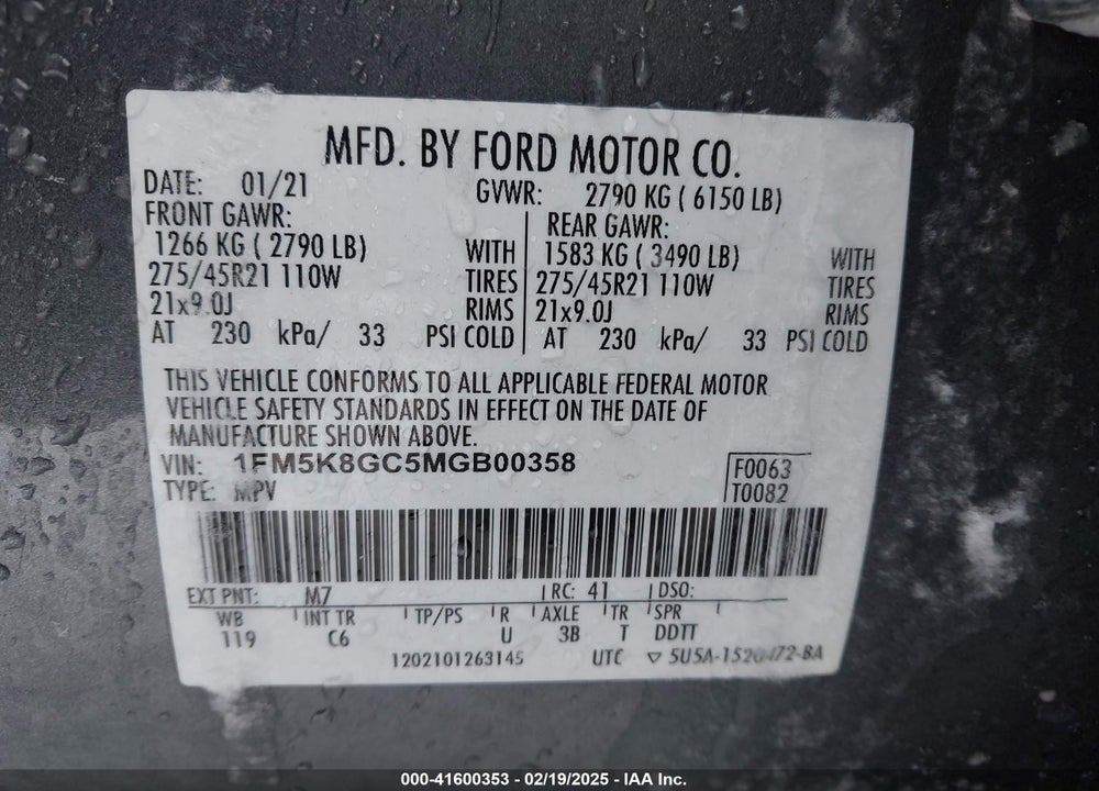 2021 FORD EXPLORER VIN: 1FM5K8GC5MGB00358