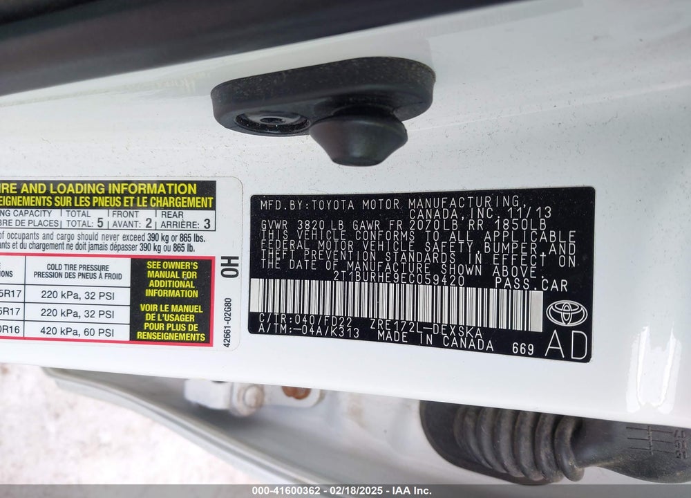 2014 TOYOTA COROLLA VIN: 2T1BURHE9EC059420