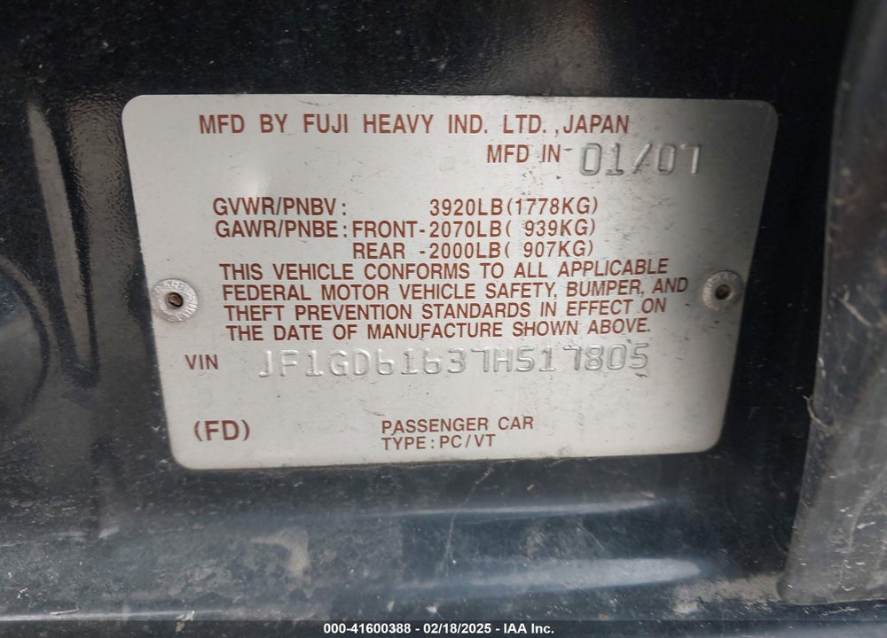 2007 SUBARU IMPREZA VIN: JF1GD61637H517805