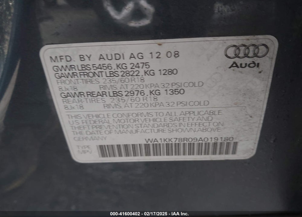 2009 AUDI Q5 3.2 PREMIUM VIN: WA1KK78R09A019180