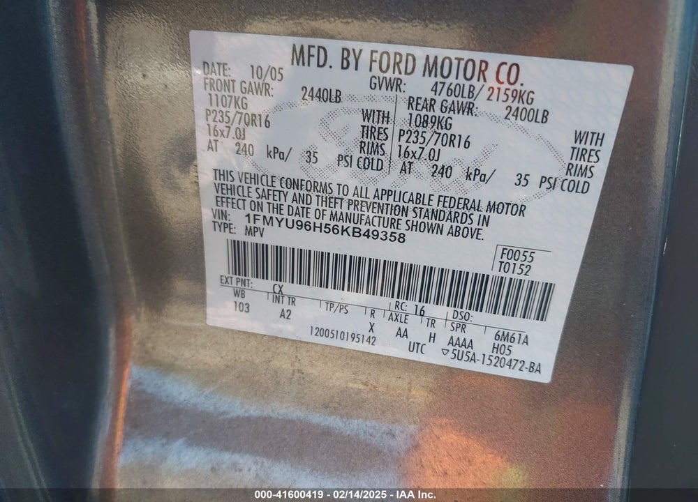 2006 FORD ESCAPE HYBRID VIN: 1FMYU96H56KB49358