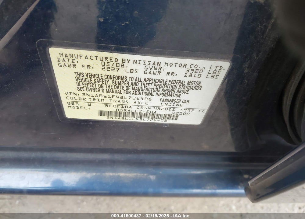 2008 NISSAN SENTRA VIN: 3N1AB61E48L726408